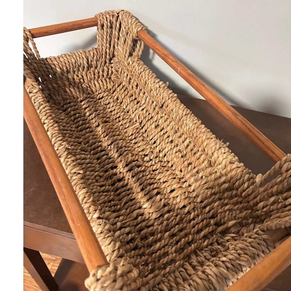 Vintage Woven Seagrass Basket Wood‎ Frame Handles Rectangular Tray Boho 22x11